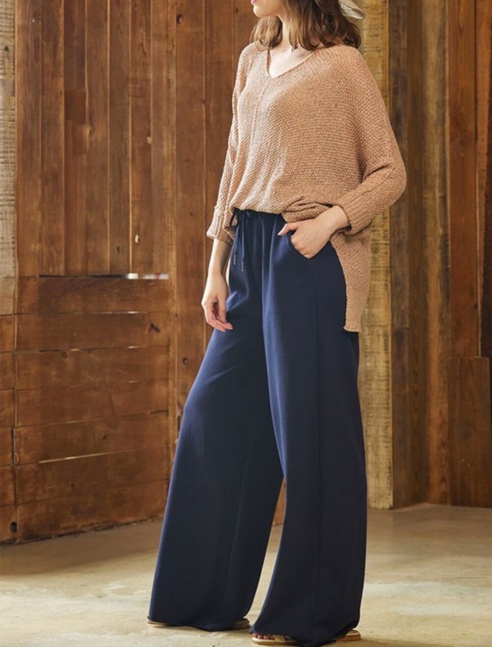 A6-0614 Beachy Wide Leg Drawstring Pants in Navy